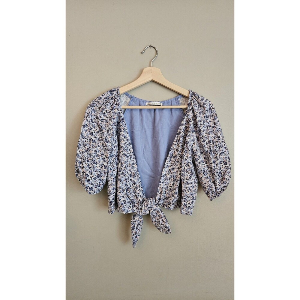 Abercrombie & Fitch Blue Floral Tie Front Crop Top Linen Blend Puff Sleeve XS